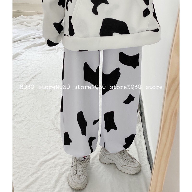 Set quần áo nữ ống rộng họa tiết loang bò sữa thời trang unisex/ Áo thun tay lỡ phối quần jogger chun ống_veestore | BigBuy360 - bigbuy360.vn