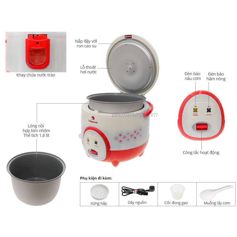 Nồi cơm điện Happycook 1.8 lít HC-180A Đỏ - Hàng trưng bày | BigBuy360 - bigbuy360.vn
