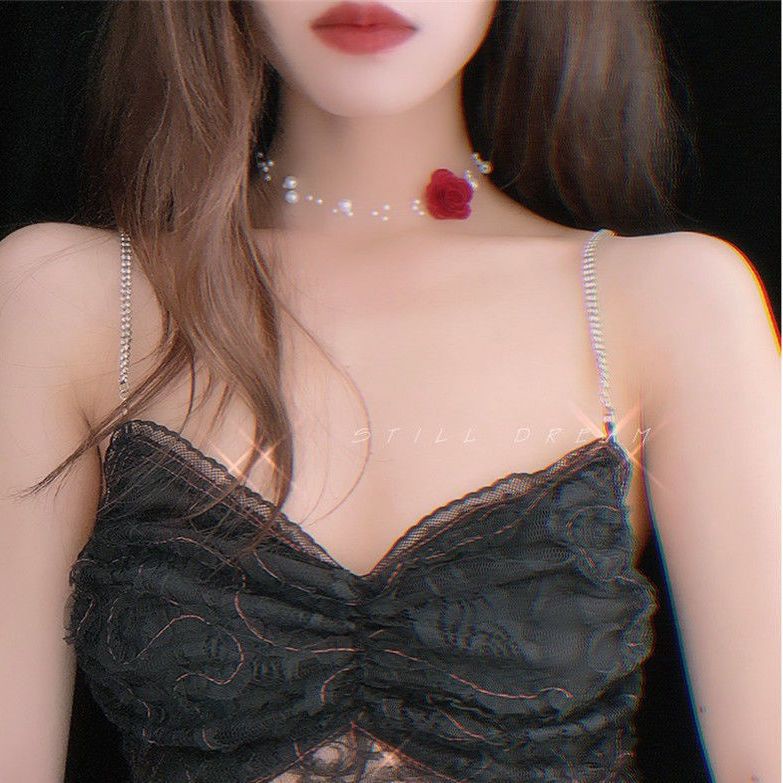 Vòng Cổ choker Hai Lớp Đính Hoa Trà Và Ngọc Trai Cao Cấp Phong Cách Pháp Thanh Lịch Dành Cho Nữ