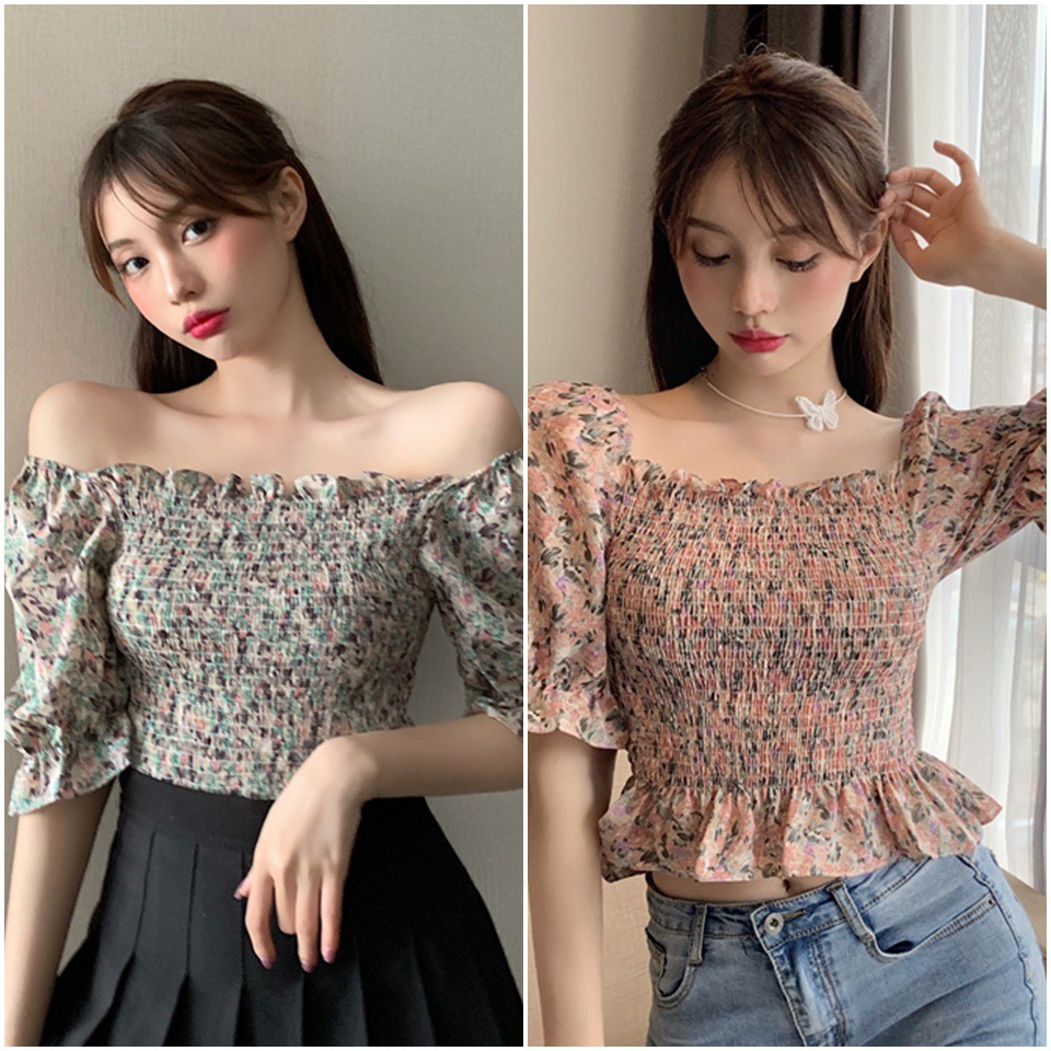 ÁO KIỂU SƠ MI NHÚN BÈO HỌA TIẾT HOA LÁ ULZZANG - LÀM ĐẸP GIÁ SỈ GB177