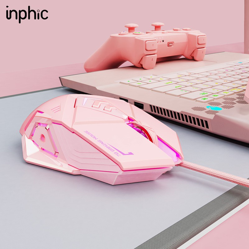 Chuột chơi game có dây Inphic PW5 màu hồng siêu cute hỗ trợ điều chỉnh DPI 4 tốc độ lên đến 4800 - Chính hãng