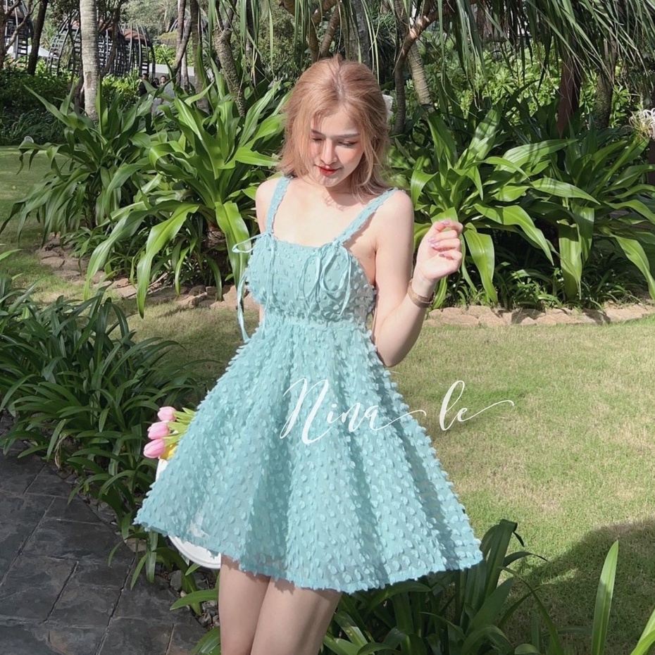 Váy đầm xòe 2 dây hở lưng cột nơ mẫu có mút ngực kèm phụ kiện phong cách tiểu thư thời trang hè cho nữ