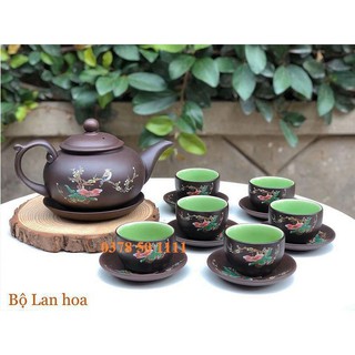 Bộ ấm trà tử sa men đen dáng tống vẽ chim hoa S5