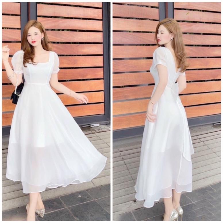 X2 Đầm trắng dự tiệc form dài thắt nơ sau lưng váy cưới dáng xòe tay ngắn cổ tròn tiểu thư (kèm hình thật)