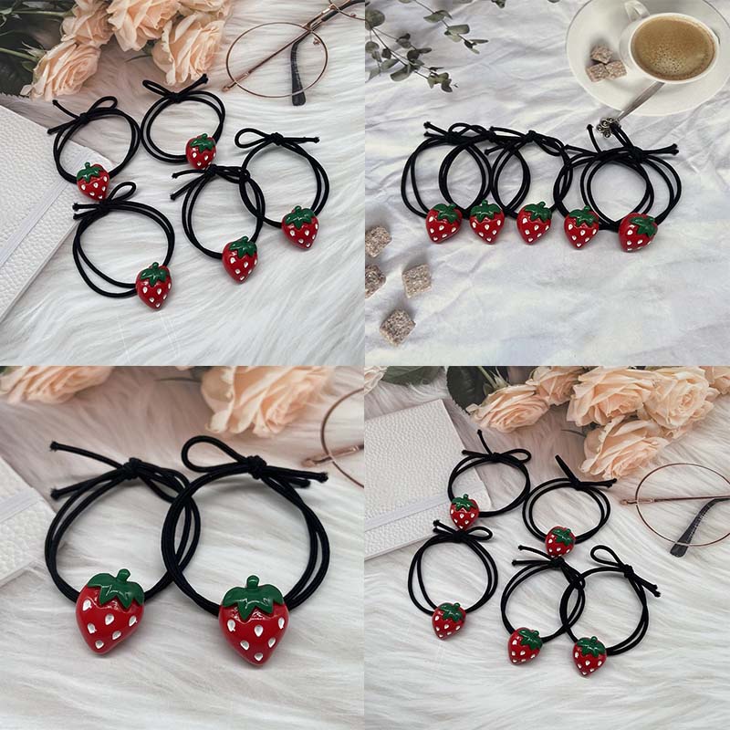 Dây Buộc Tóc Cao Su Màu Đen In Hình Quả Dâu Tây Dễ Thương Cho Bạn Gái