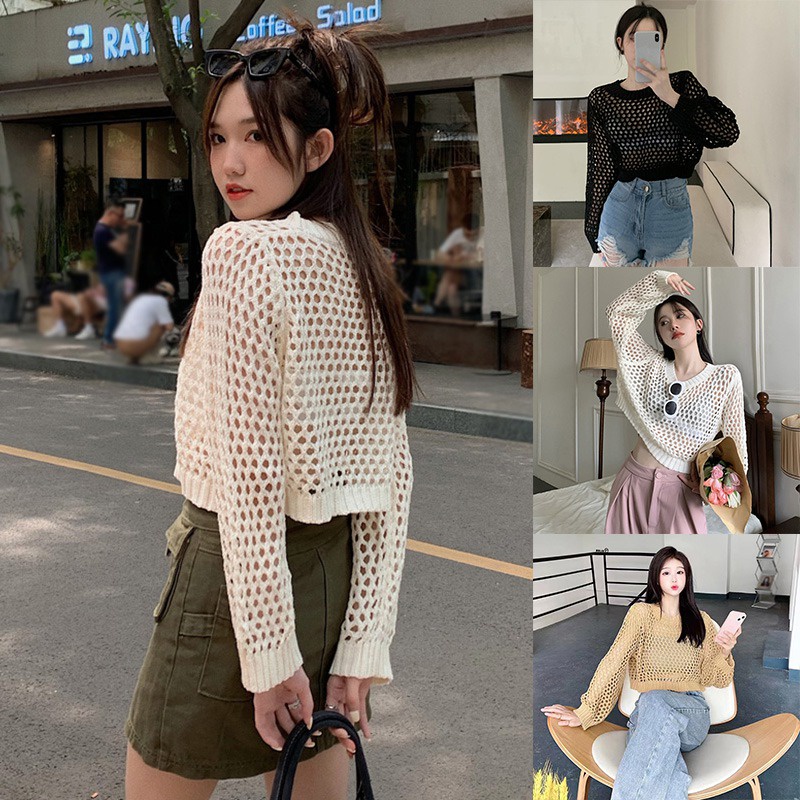 Áo Sơ Mi Tay Dài Cổ Tròn Màu Trơn Phối Lưới Thời Trang Hàn Quốc Cho Nữ