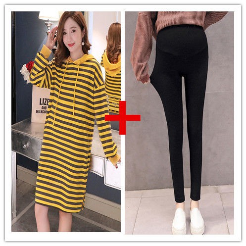 ♠™Váy bầu mùa xuân sọc thời trang Hàn Quốc rộng rãi có mũ trùm đầu cho phụ nữ mang thai con bú mặc
