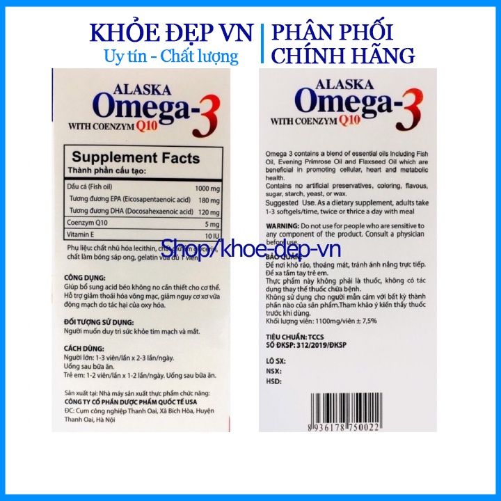  Viên dầu cá Alaska Omega 3 bổ não, sáng mắt, khỏe tim mạch - Hộp Trắng 100 viên