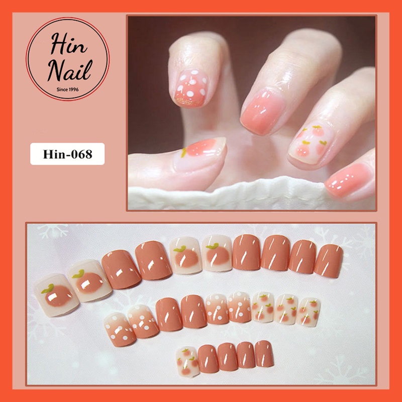 Bộ móng tay giả kèm keo họa tiết quả đào Hin Nail