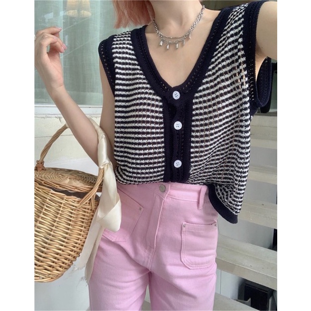 Áo len gile đóng cúc kẻ ngang viền phối màu Ulzzang Style🍓Hàng Quảng Châu