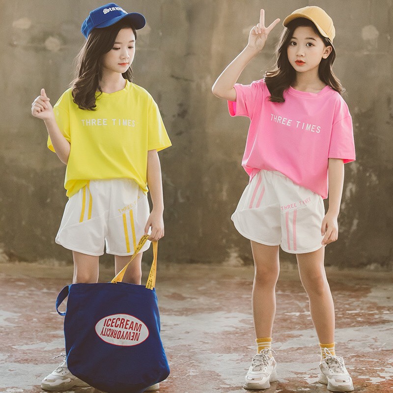 Set đồ bộ quần áo "3 T!ME" 14-45kg cho bé gái 4-14 tuổi. Xinh xắn, đáng yêu. Thoáng mát. G18