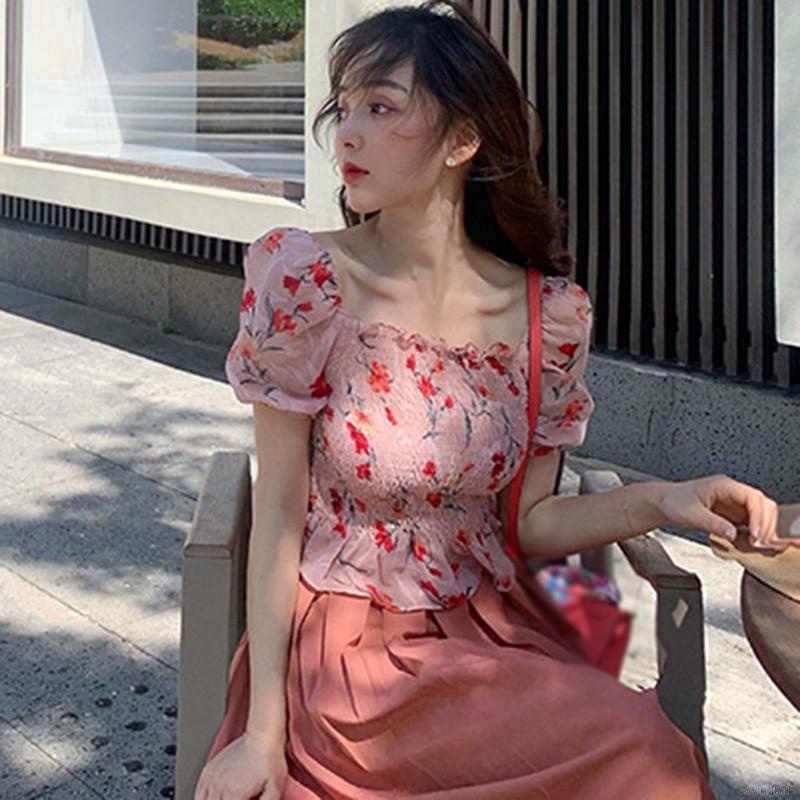 Áo Crop top Vải Voan Tay Ngắn Phồng In Họa Tiết Hoa Phong Cách Hàn Quốc Quyến Rũ Dành Cho Nữ
