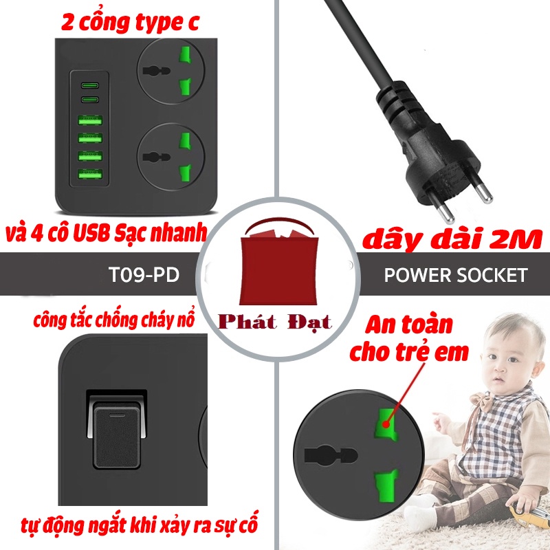 Ổ điện đa năng thông minh POWER T09-PD điện áp 265v 4 cổng sạc usb 2 cổng typec và 3 ổ cắm điện an toàn chống cháy nổ