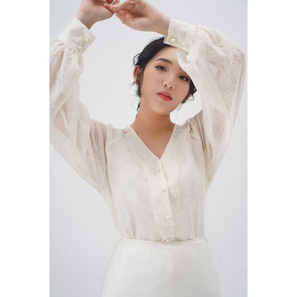 Áo sơ mi nữ voan vàng nhạt (tặng kèm áo dây cotton trắng) Floral Harriet