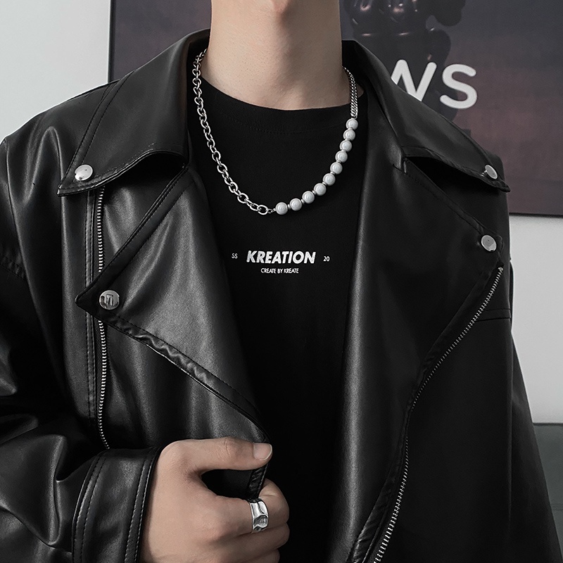 Vòng cổ Thép Titan Đính Ngọc Trai Dạ Quang Phong Cách Hip Hop Cá Tính