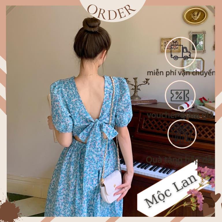 (MộcLan ORDER)Váy Hoa Tay Phồng Thắt Nơ Hở Lưng Nhẹ Nhàng, Nữ Tính (Feedback Ảnh Cuối)