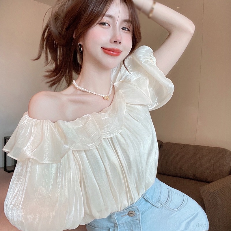 Áo Chiffon Tay Ngắn Phồng Màu Trơn Thời Trang Dành Cho Nữ
