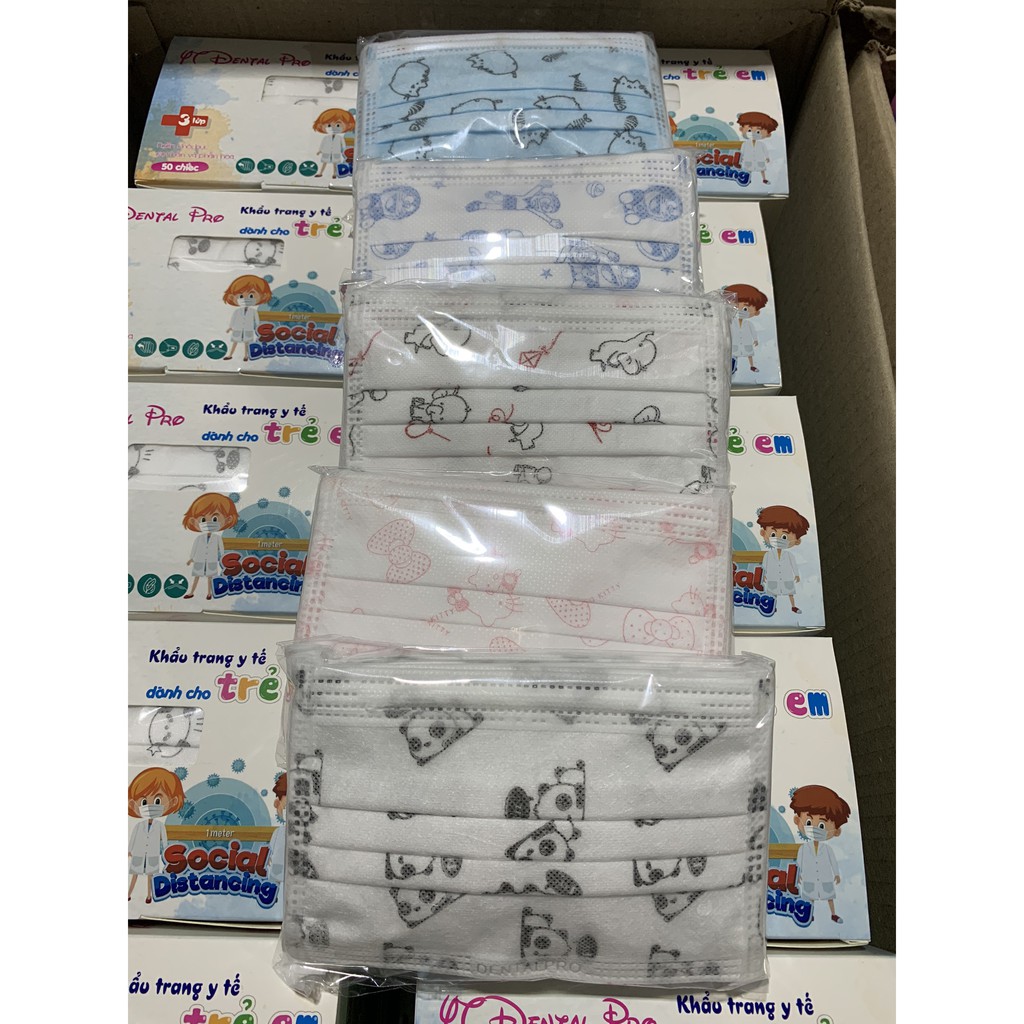 Hộp 50 chiếc KTYT trẻ em 3 lớp kháng khuẩn, sản phẩm đầy đủ giấy tờ kiểm nghiệm và có tem đảm bảo.