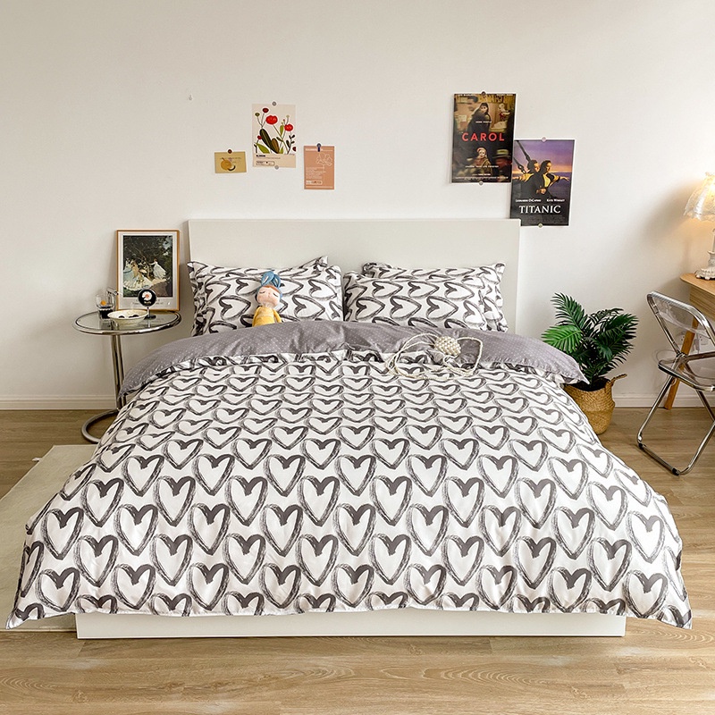 Bộ chăn ga gối 4 món kèm vỏ gối cotton poly trái tim vintage , Bộ ga gối drap giường bo chun hoặc phủ