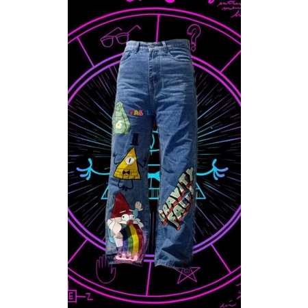 quần jean nữ ống rộng suông custom/ lưng cao unisex Ulzzang/ custom hình Gravity fall