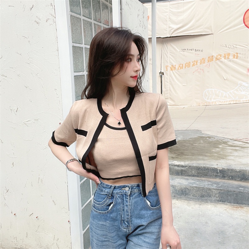 Bộ đồ MURIOKI gồm áo cardigan dệt kim tay dài và áo hai dây phong cách Hàn Quốc thời trang mùa hè cho nữ (Có bán lẻ)
