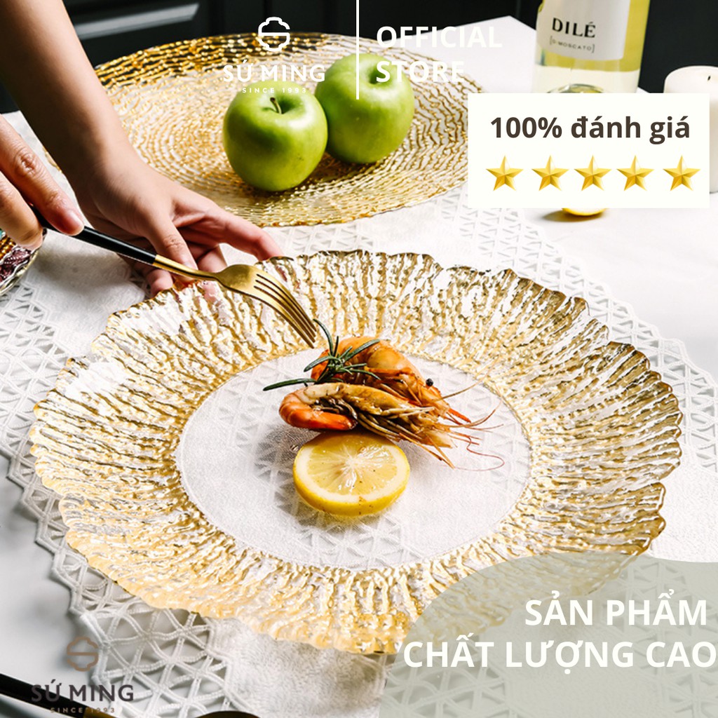 Đĩa Thuỷ Tinh Hoa Vàng [CHÂU ÂU], phong cách sang trọng độc đáo, chịu lực, vàng 18k, giao hàng nhanh chóng.