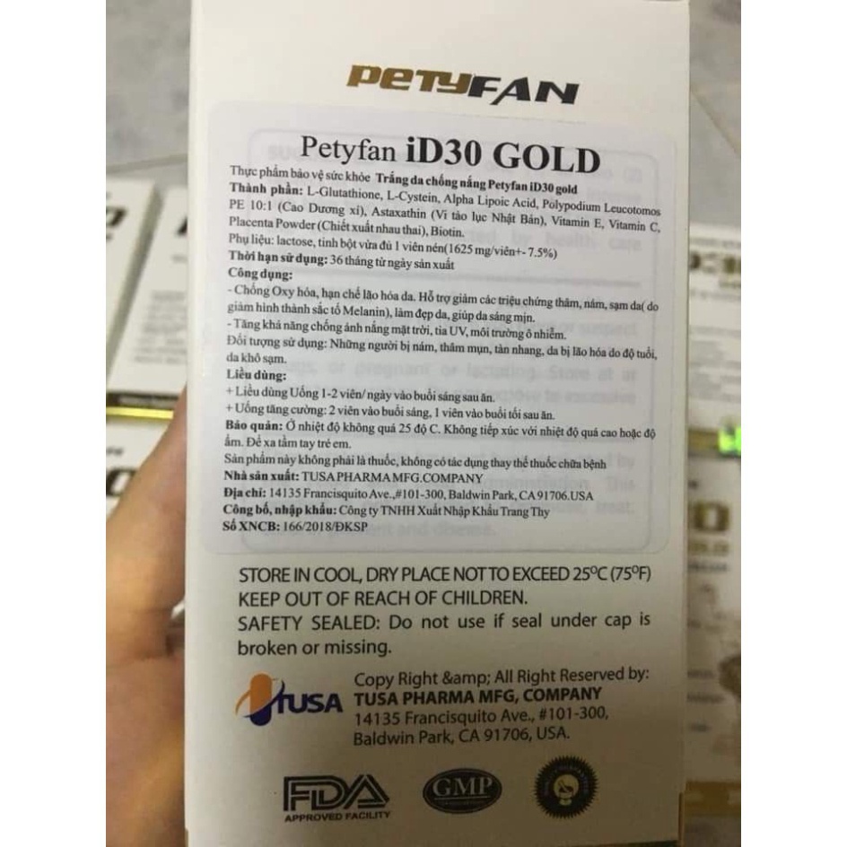 Viên uống trắng da, giảm nám, chống nắng, chống lão hóa PETYFAN ID30- Dr. Hương