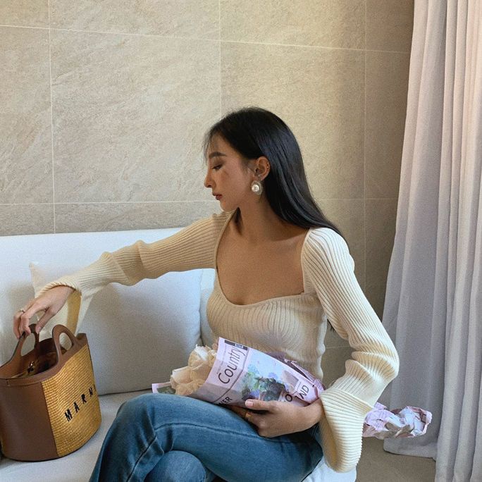 Áo dệt kim COZOK tay dài cổ vuông dáng ôm thiết kế đơn giản thời trang