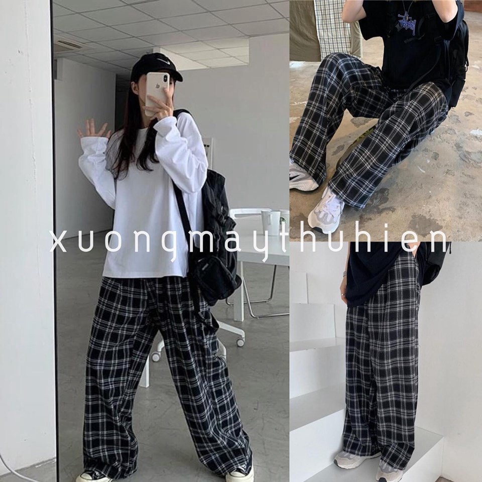 Quần kẻ caro suông cạp lưng chun nam nữ dưới 60kg | BigBuy360 - bigbuy360.vn