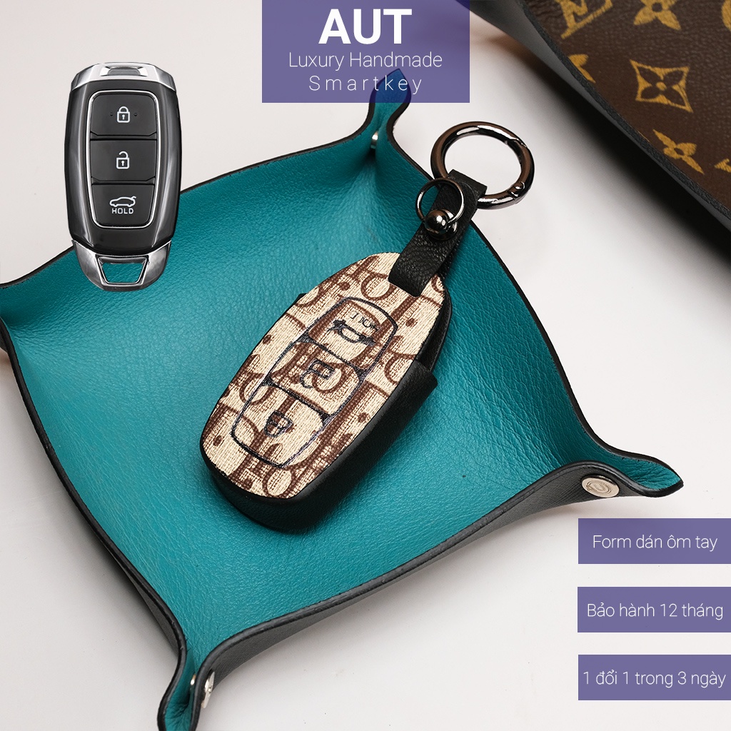 Ốp da chìa khóa ô tô Hyundai Santafe Kona Accent 3 nút bấm Dior handmade HC3 AD