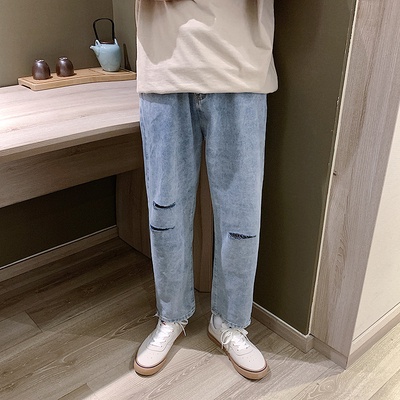 Quần Jean Baggy Màu Xanh, Không Phai Màu, Rách 3 Cạnh Cá Tính Dành Cho Cả Nam Và Nữ