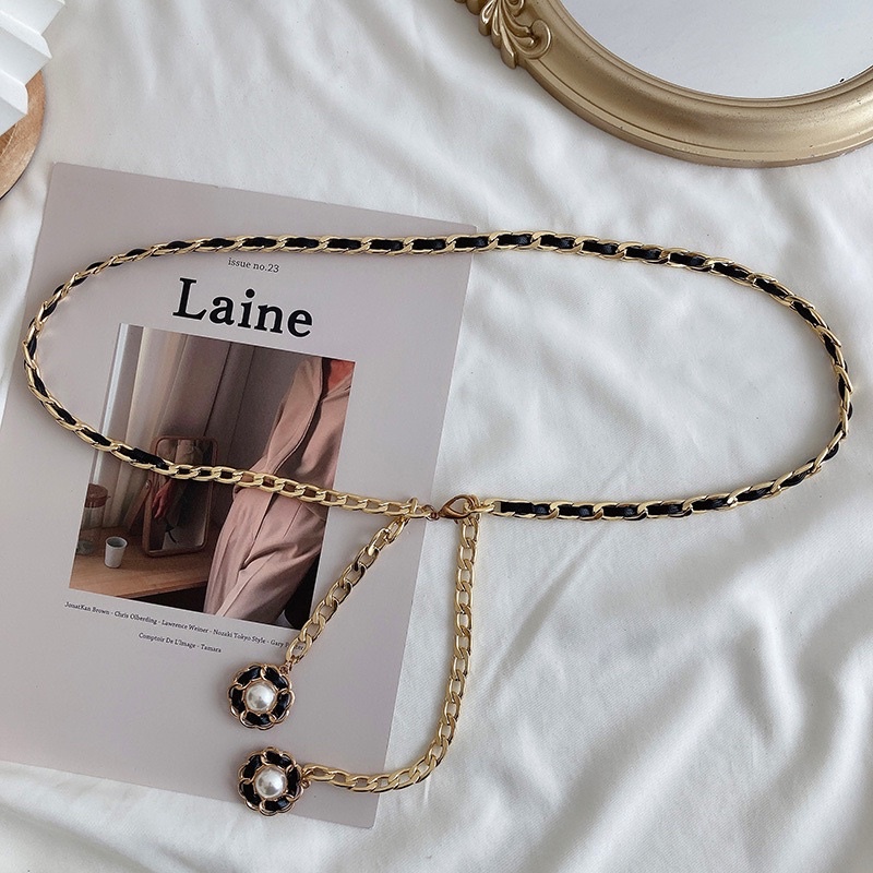 Đai váy xích phối da thả hoa ĐV026 Meo shop - Dây xích eo váy áo vàng bạc đen phối da Belt chain xích