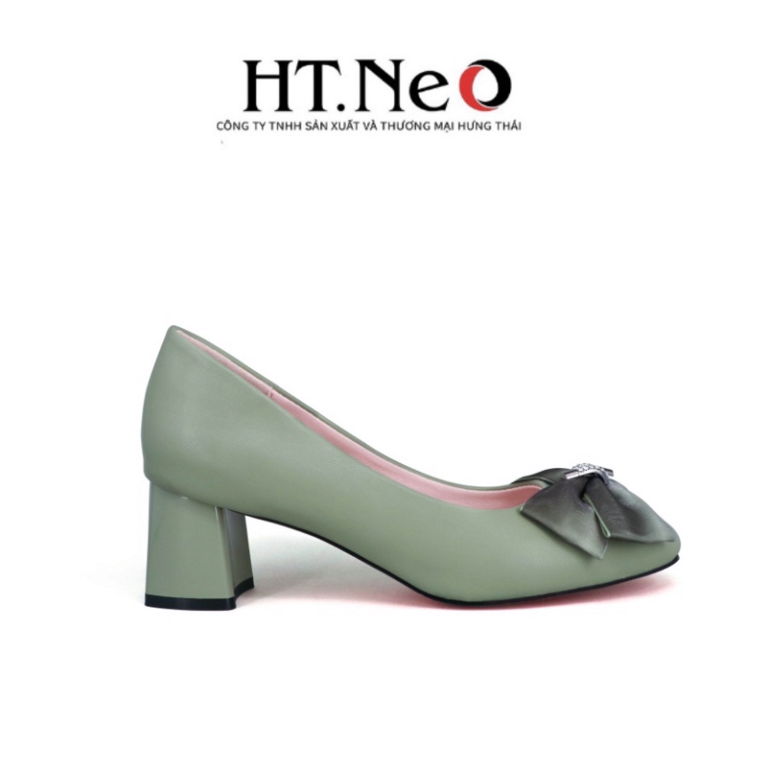 Giày cao gót vuông HT.NEO Thiết kế da bò thật mềm mại, gót cao đến 5cm, đính nơ vải nhẹ nhàng, thanh lịch CS239