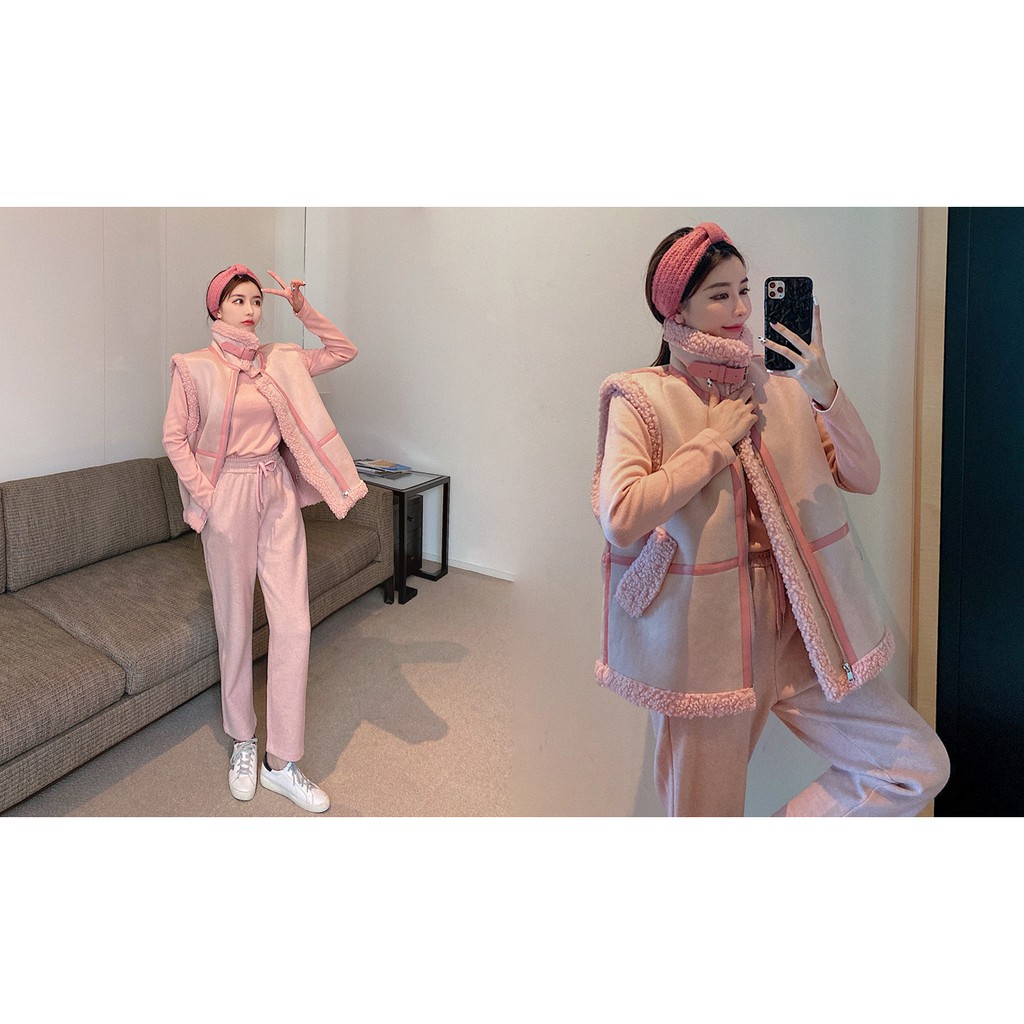 Set Áo Khoác Lông Cừu Sát Nách + Áo Sát Nách + Quần Dài + Áo Hai Dây Màu Hồng Đào | BigBuy360 - bigbuy360.vn