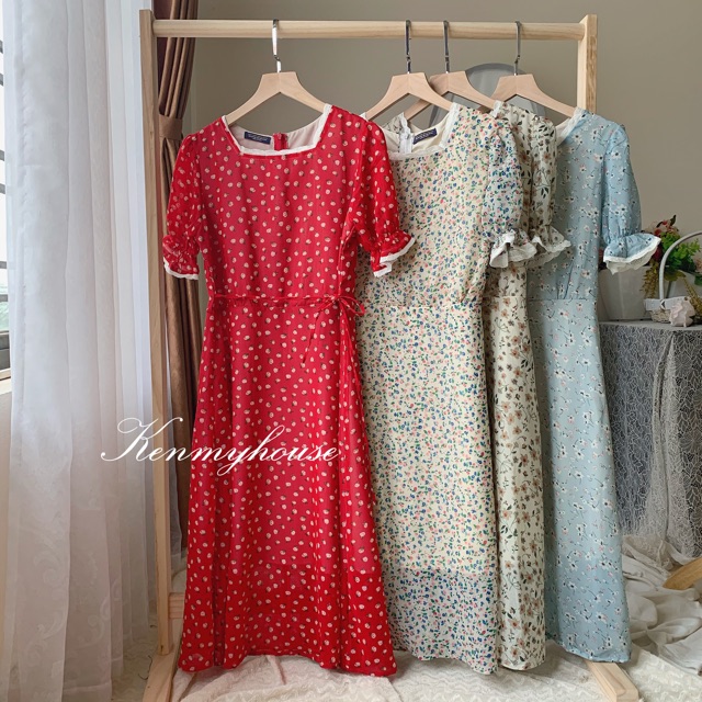 Đầm hoa cổ vuông viền ren cộc tay 🌸( hình thật) | BigBuy360 - bigbuy360.vn