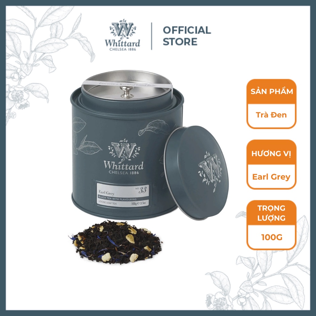 Trà Bá Tước Anh Quốc Whittard Classics Earl Grey (trà nguyên lá hộp thiếc, 100g)