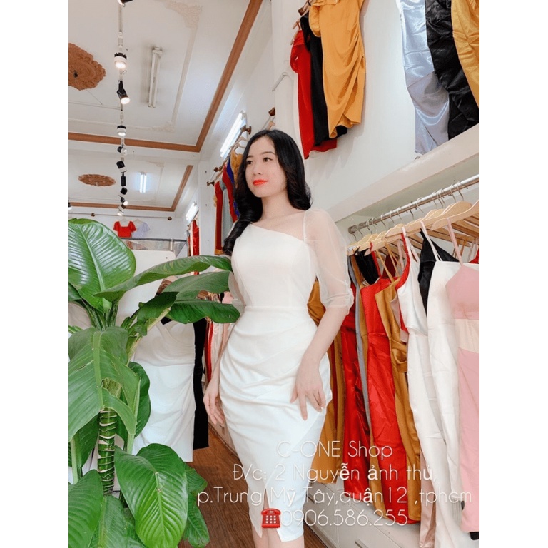 ĐẦM BODY  VAI XÉO TAY LƯỚI ĐÙI XẺ DỰ TIỆC SANG CHẢNH TINH TẾ PU