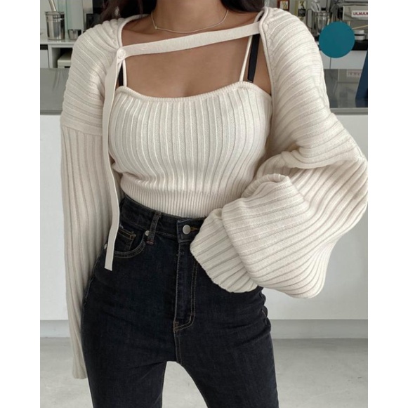 Set áo hai dây + áo khoác cardigan phong cách retro Hàn Quốc sành điệu cho nữ Xiaozhainv | BigBuy360 - bigbuy360.vn