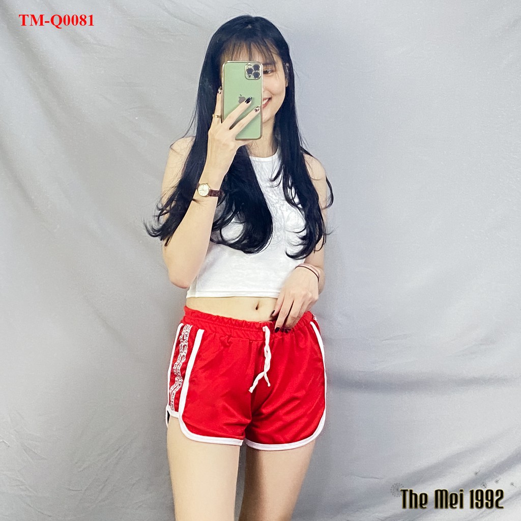 Quần đùi short nữ THE MEI 1992 cao cấp - Quần sooc nữ cạp chun chất Umi thể thao dáng hộp viền chữ siêu xinh