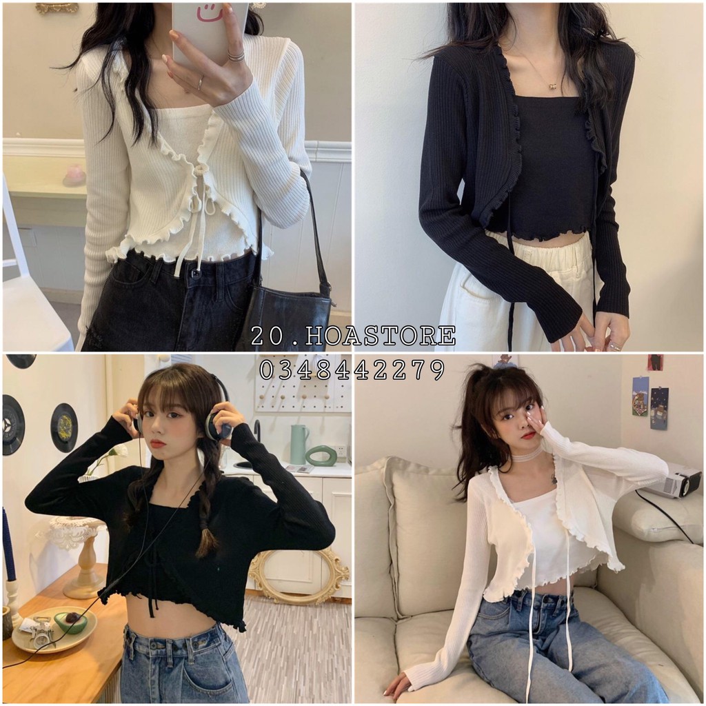 SET 2 MÓN ÁO CROPTOP DÀI TAY TĂM DÂY RÚT NỮ :cherry_blossom: ÁO CARDIGAN NGẮN VIỀN BÈO + ÁO QUÂY BODY TRẮNG | ĐEN ULAzan