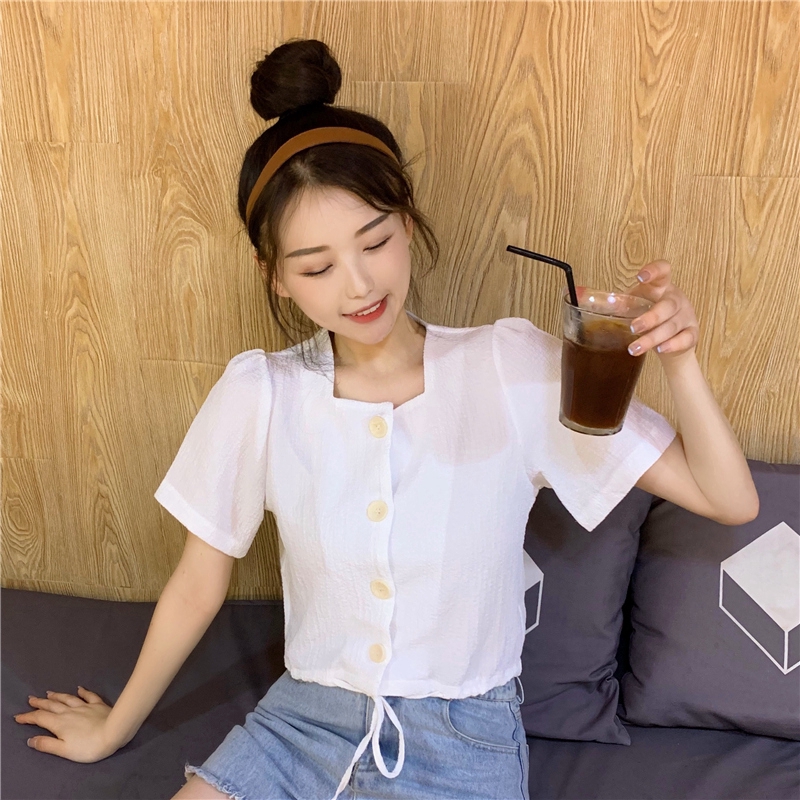 SUXI Áo Kiểu Tay Ngắn Phối Dây Rút Thiết Kế Thanh Lịch Tao Nhã Cho Phái Nữ