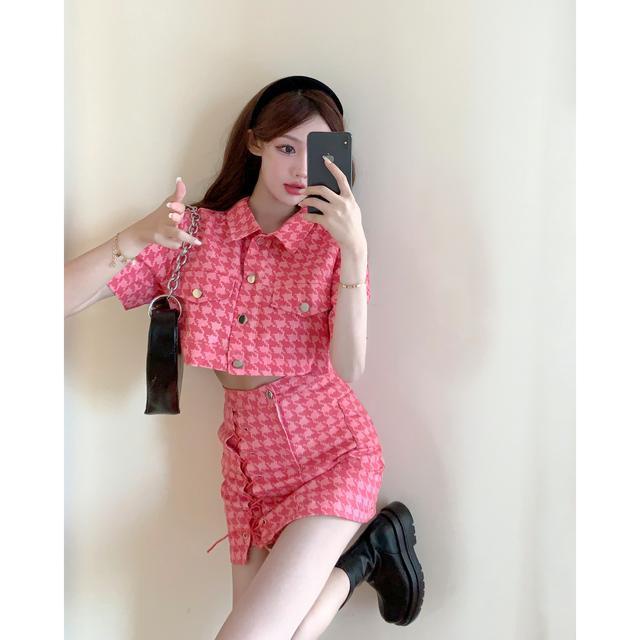 Qianniao suit female spice girl short sleeve top 2022 summer new blue high waist bandage skirt two piece set