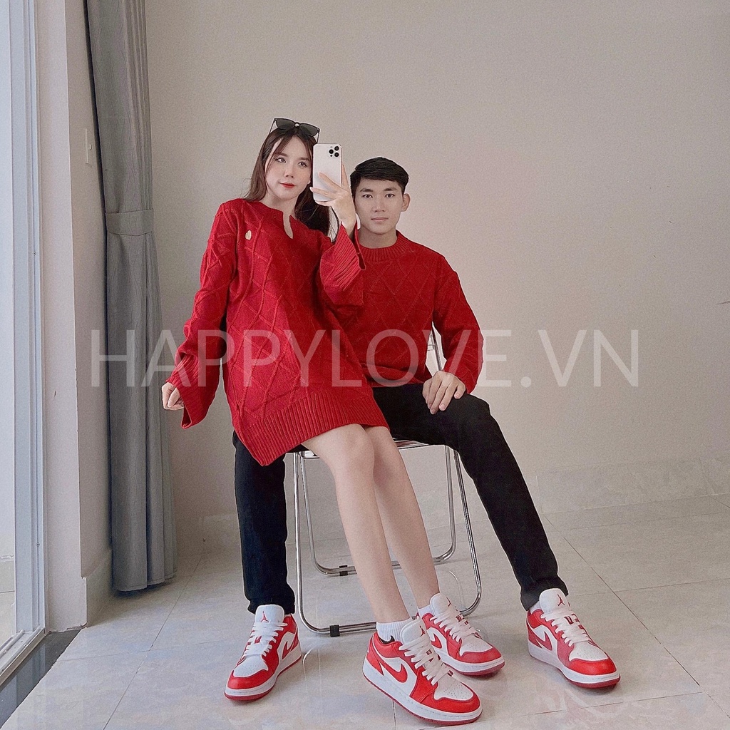 Set Áo len đôi nam nữ Quảng Châu form rộng màu Đỏ thêu Trái Tim HAPPYLOVE, Set Đồ Đôi Đầm nữ Áo nam đẹp rẻ Couple H25