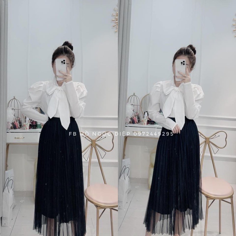 ANU172 - ÁO SƠ MI TRẮNG THÔ LỤA CỔ NƠ TAY BỒNG