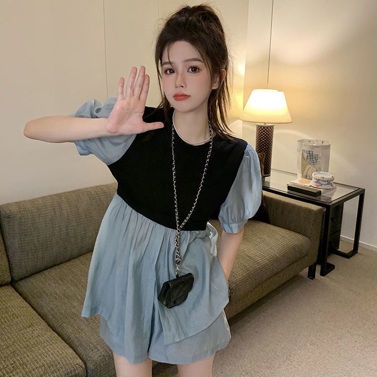 QOEDDV Áo Sơ Mi Ngắn Tay Giả Hai Lớp + Quần short Ống Rộng Thời Trang Pháp Cổ Điển Cho Nữ