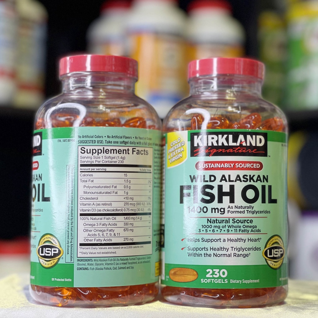 Dầu cá Omega giúp mắt khỏe, da đẹp, tim mạch tốt Kirkland Signature Wild Alaskan Fish Oil 1400mg, hộp 230 viên của Mỹ