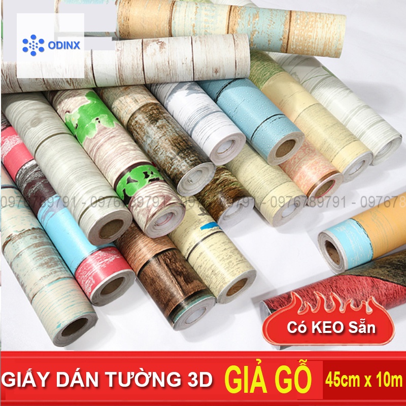 Giấy Dán Tường Giả Gỗ 3D Có Keo Sẵn 10m Decal Dán Tường Phòng Khách Chống Thấm ODINX