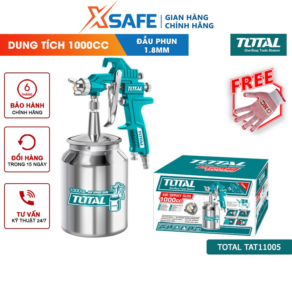 Súng phun sơn TOTAL TAT11005 1000cc có chỉnh gió bình nhôm 1000cc máy phun sơn bằng khí nén sơn xe máy ô tô gỗ nhà cửa