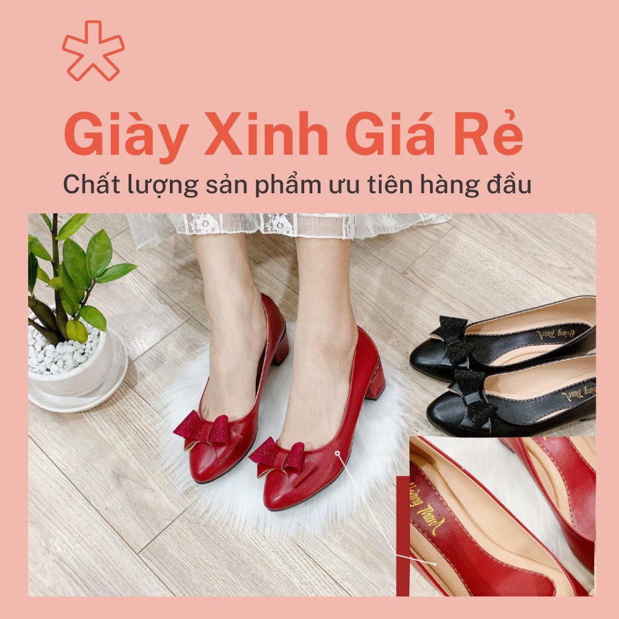 Giày Cao Gót, Giày Đẹp Nữ Nơ Đỏ Bít Mũi Siêu Bền Đi Mưa Đi Nước Được Gót Vuông 3 Phân. Giày Nữ Hoàng Thanh G3 Đỏ