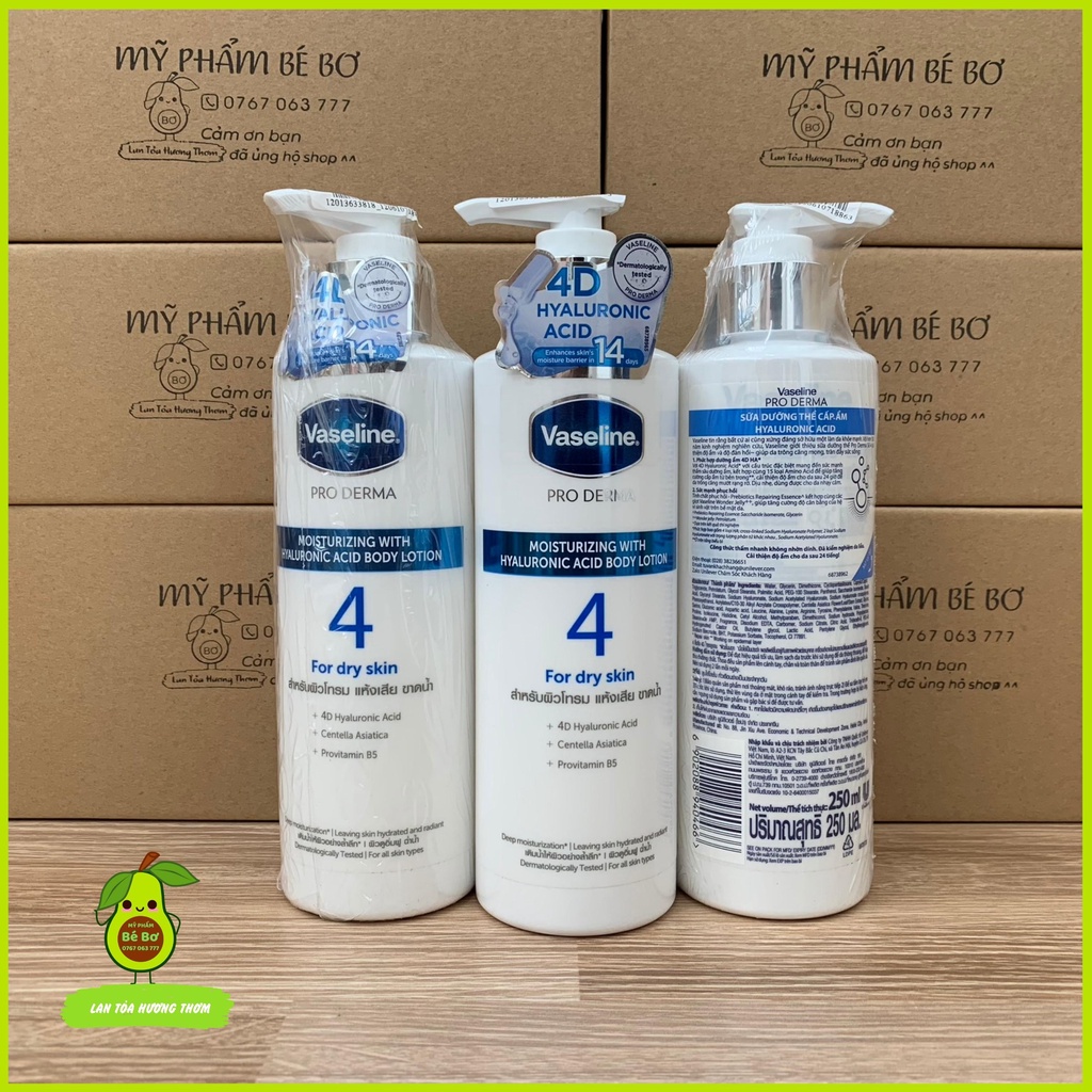 Sữa dưỡng thể Vaseline Pro Derma 250ml - Sữa dưỡng thể cấp ẩm số 4 Hyaluronic Pro vitamin B5 nhập khẩu Thái Lan